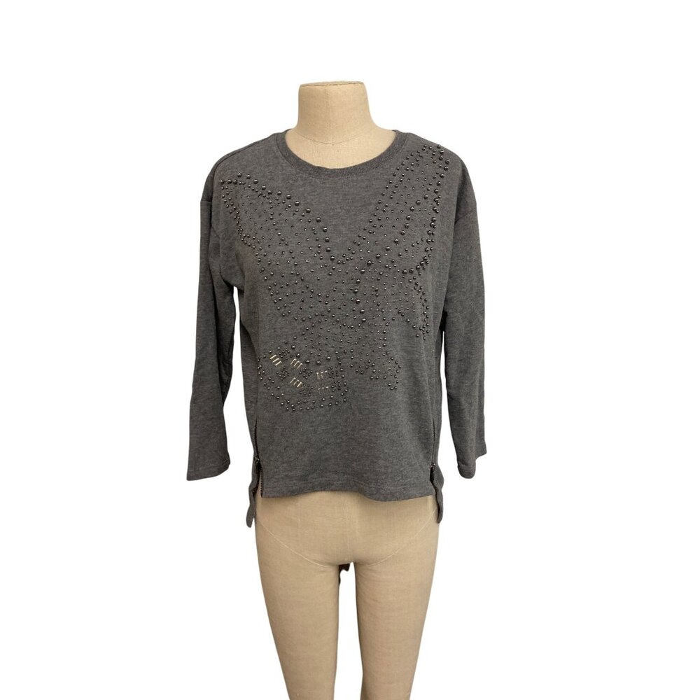 H&M Gray Studded Eagle Sweatshirt With Zipper Details Pullover Casual Sweater